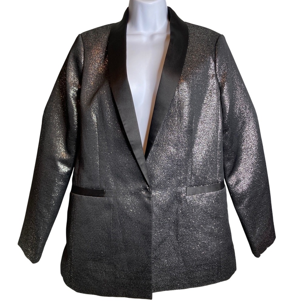NEW LOOK Womens Black Metallic Blazer Sz‎ 8 Sparkly Shawl Collar Going Out Glam